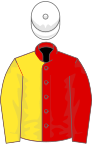 Red and yellow (halved), white cap