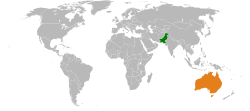 Map indicating locations of Pakistan and Australia