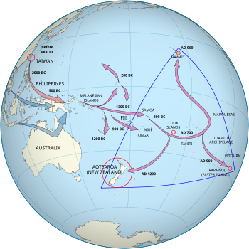 One set of arrows point from Taiwan to Melanesia to Fiji/Samoa and then to the Marquesas Islands. The population then spread, some going south to New Zealand and others going north to Hawai'i. A second set start in southern Asia and end in Melanesia.