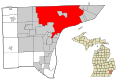 City of Detroit highlighted on map of Wayne County