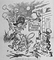 Image 131903 editorial cartoon by Bob Satterfield, depicting Arizona and New Mexico as crazed gunfighters intent on gaining access to the "E pluribus unum tavern". (from History of Arizona)