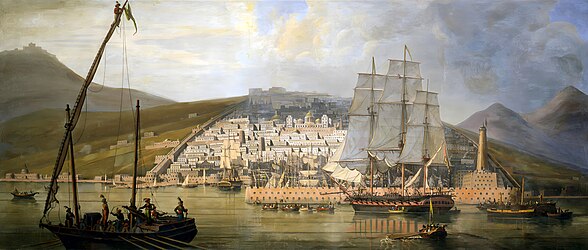 Oil painting of a walled coastal city and a ship entering a harbor