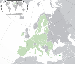 Location o  Cyprus  (dark green) in the European Union  (light green)  —  [Legend]