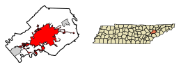 Location of Knoxville in Knox County, Tennessee.