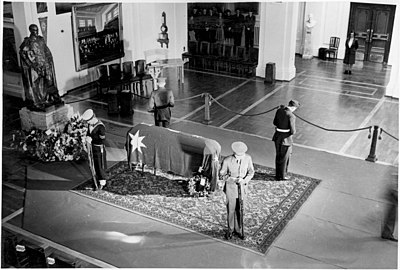 John Curtin's casket lay in State in King's Hall, Old Parliament House, July 1945