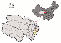 Tongren (light red) within Huangnan Prefecture (yellow) and Qinghai