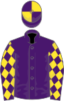 Purple, yellow diamonds on sleeves, quartered cap