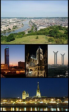 Top: Downtown Rouen and theسئن چایی. Middle left:Maritime museum. Centre:Le Gros-Horloge. Middle right:Gustave-Flaubert Bridge. Bottom:Rouen Cathedral.