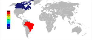 Grey and white world map with Brazil colored red representing 90% of niobium world production and Canada colored in dark blue representing 5% of niobium world production