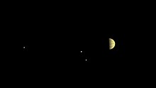 Jupiter et ses plus grosses lunes prises par JunoCam le 28 juin 2016 à environ 6,8 millions de km quelques jours avant la mise en orbite.