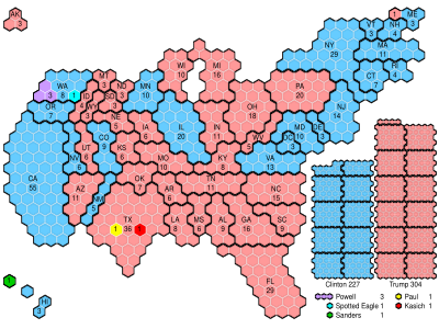 A discretized cartogram of the 2016 United States presidential election using hexagons