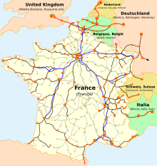 Grafik Frankreichs mit eingezeichneten Fernzugstrecken. Die Grenzverbindungen zu Großbritannien, Belgien, Niederlande, Deutschland, Schweiz und Italien sind eingetragen.