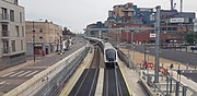 Class 345 train running past the former station in May 2021, during Crossrail testing