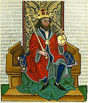 Chronica Hungarorum, Thuróczy chronicle, King Charles II of Hungary, King Charles the Short, throne, crown, orb, scepter, medieval, Hungarian chronicle, book, illustration, history