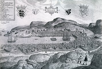English: Engraving of Bergen from 1580