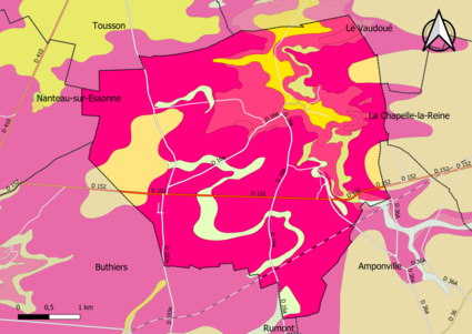 Carte montrant en couleurs le zonage géologique simplifié d'une commune