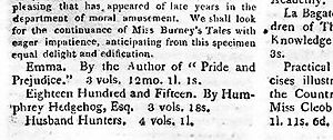 A part of a magazine which reads "Emma. By the author of 'Pride of Prejudice'. 3 vols. 12 mo. 1l. 1s."