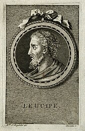 A line engraving of Leucippus