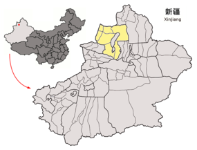 Tarbagatays läge i Xinjiang, Kina.