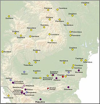 Teritoriul onomastic al elementului dava, acoperind Dacia, Moesia, Tracia şi Dalmaţia