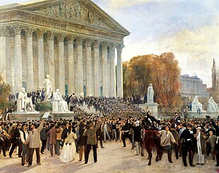 Peinture montrant la foule devant le palais Bourbon par une journée ensoleillée.