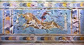 The fresco named the Bull-Leaping Fresco; 1675-1460 BC; lime plaster; height: 0.8 m, width: 1 m; from the palace at Knossos (Crete); Heraklion Archaeological Museum