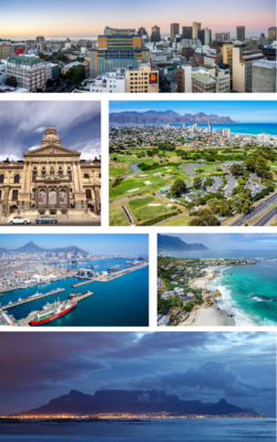 Clockwise from top: Cape Town CBD, Strand, Clifton beach, Table Mountain, Port of Cape Town, Cape Town City Hall
