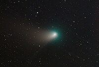 The comet on February 13, 2023, with its dust tail and ion tail visible.