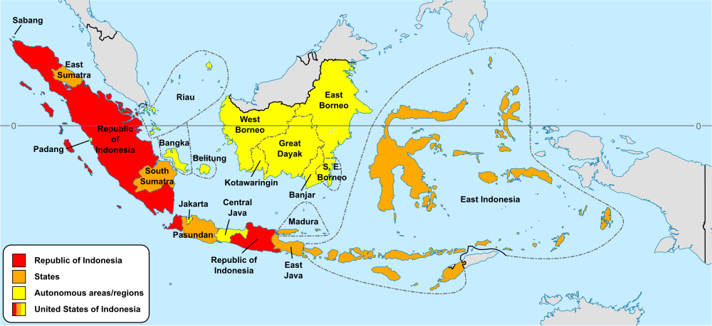 The United States of Indonesia. The constituent state of the Republic of Indonesia is shown in red. Other constituent states are shown in orange. Autonomous constituent entities are shown in yellow.