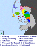 North Frisian map of the North Frisian dialects (1-Sylt, 2a-Föhr, 2b-Amrum)