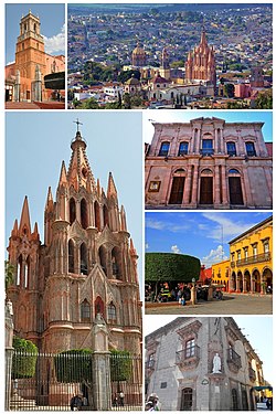 From top to bottom: Left: - Inmaculada Concepcion Temple - La Parroquia de San Miguel Arcángel Right: - La Parroquia and downtown San Miguel de Allende - Angela Peralta Theater - Jardín Allende - San Miguel de Allende Historic Museum