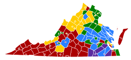 Virginia counties colored either red, blue, yellow, green, or purple based on the populations most common ancestry. The south-east is predominately purple for African American, while the west is mostly red for American. The north has yellow for German, with two small areas green for Irish. Yellow is also found in spots in the west. A strip in the middle is blue for English.