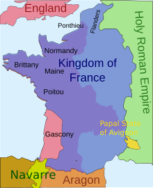 A map of French territory as it was in 1340, showing the enclave of Gascony in the south west
