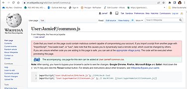 Screenshot of Common.js page - User:JamieF already has other scripts in use