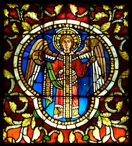 Early stained glass of an angel from the crypt of Strasbourg Cathedral (12th century)