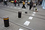 Rising bollards can retract to allow passage of streetcars in Sofia, Bulgaria