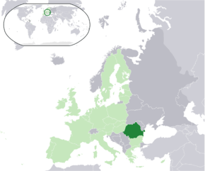 Amplasarea României (verde închis): — în cadrul Europei (verde deschis și gri închis) — în cadrul Uniunii Europene (verde deschis)