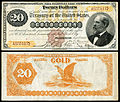 1882-es szériájú, aranyérmékre váltható Gold Cerificate 20 dolláros államjegy, sárga, goldback hátoldallal.