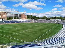 Photo of an empty American Legion Memorial Stadium from the top row of a corner section