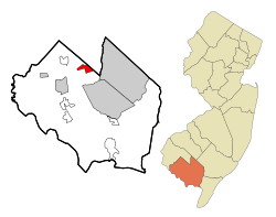 Map of Rosenhayn highlighted within Cumberland County. Right: Location of Cumberland County in New Jersey.