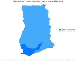 Ghanan ilmasto Köppenin luokituksen mukaan 1980–2016. Suurin osa maasta on savannia. Pieni alue lounaassa on monsuuni-ilmastoa. Monsuuni-ilmasto jatkuu kapeana kaistaleena maan keskiseen eteläosaan niin, että rannikko on savannia.