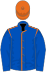 Royal blue, orange seams, royal blue sleeves, orange cap