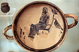 Zeus on throne, Laconian kylix, around 530 BC, Olympia 21.jpg