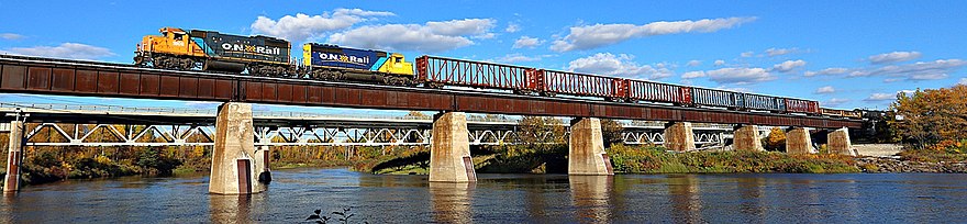 Ontario Northland freight train crossing the Missinaibi River at Mattice-Val Côté in Northern Ontario