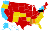 Abortion legal on request: AK, HI, NY, WA; allowed for danger to woman's health, rape or incest, or likely damaged fetus: AR, CA, CO, DE, FL, GA, KS, MD, NC, NM, OR, SC, VA; allowed for danger to woman's health: AL, MA; allowed for rape but not life: MS; allowed for danger to the woman's life: AZ, CT, IA, ID, IL, IN, KY, LA, ME, MI, MN, MO, MT, ND, NE, NH, NJ, NV, OH, OK, RI, SD, TN, TX, UT, VT, WI, WV, WY; complete ban: PA.