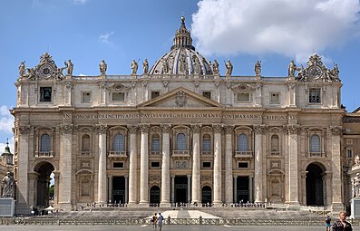 St. Peter's Basilica, Rome, by Donato Bramante, Michelangelo, Carlo Maderno and others, completed in 1615[27]