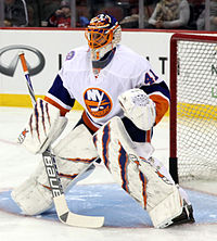 Jaroslav Halak in front of his goalie net