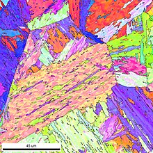 A. EBSD map of ferrous martensite with high-angle (>10°) boundaries hilighted. Colour scheme follows the typic IPF for BCC crystal plotted in Z-direction