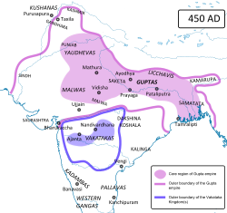 Shtrirja e përafërt e territoreve të Gupta's (vjollcë) në vitin 450 të es.