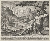 Engraving by Jan Sadeler, 1581, with a peaceful scene behind